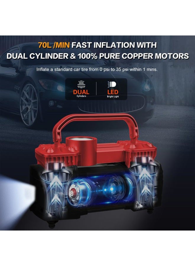 GSPSCN Dual Cylinder DC 12V Air Compressor for Car, Heavy Duty Portable Tire Inflator,Tire Pump 150PSI with LED Light for Auto,Truck,SUV, RV,Balls etc (RED) - Image 5