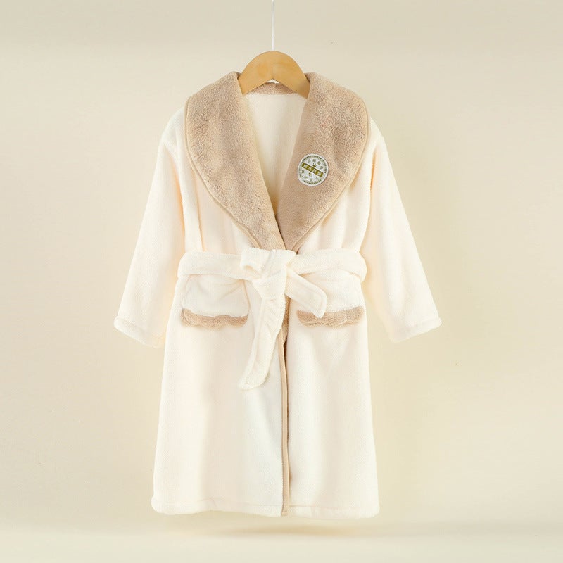 Cozy Fleece Kids Bathrobe Cartoon Sleepwear Beige 