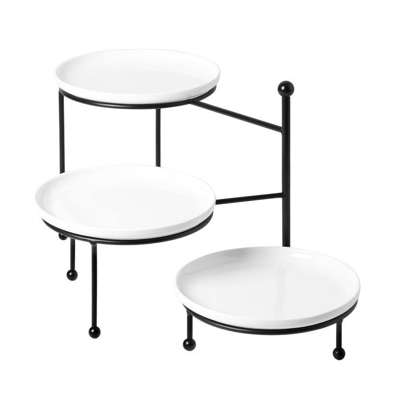 Kanwone 3 Tiered Serving Stand with White Porcelain Plates Tiered Tray Stand dessert table display set 8 x 8 Tier Serving Trays with Black Metal Stand for Entertaining 3 Tier Dessert Stand