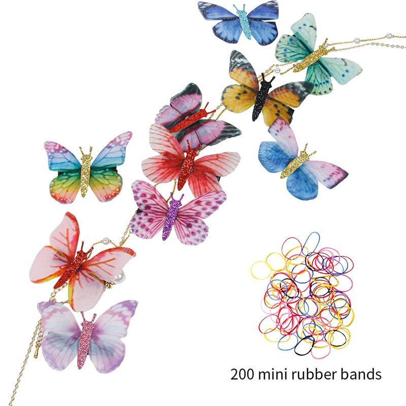 Shinon 10 Pcs Butterfly Hair Clips 3D Butterfly Wings Glitter Butterfly Hairpins Lightweight Cute Colorful Mesh Realistic Handmade Butterfly Barrettes Styling Pins for Women Girls Wedding Bridal Hair Styling Accessories with 200 multicolor mini rubber bands. (Classic Style) - Image 2