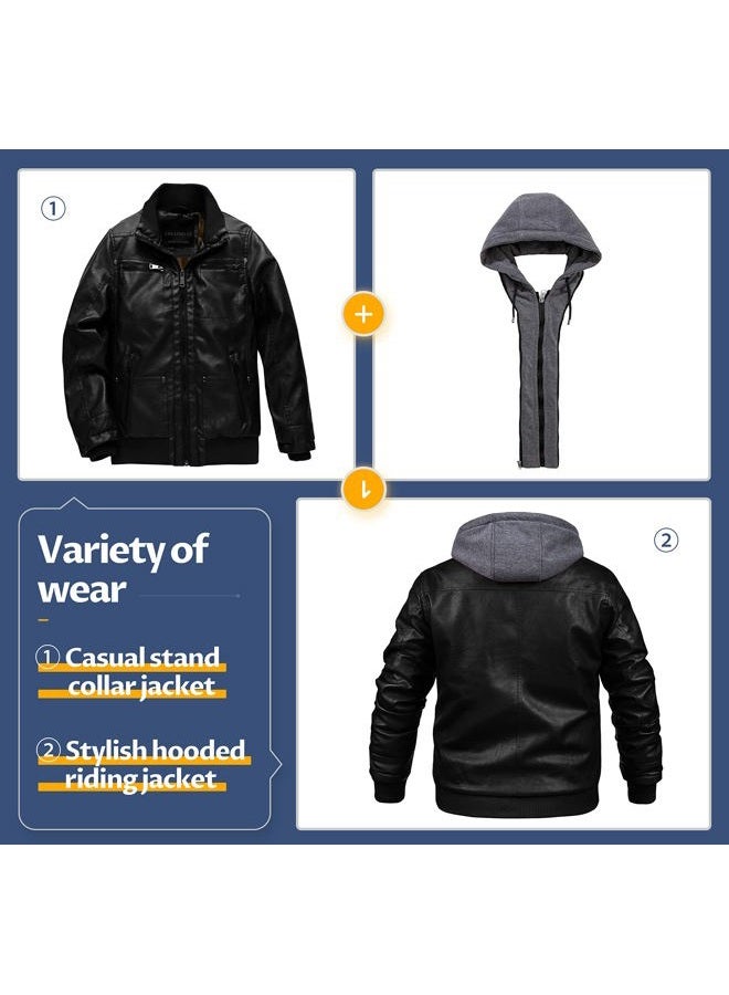 CREATMO US Men's Faux Leather Waterproof Windproof PU Moto Vintage Bomber Hoodie Jacket with Removable Hood, [Black Velvet Lined, - Image 3