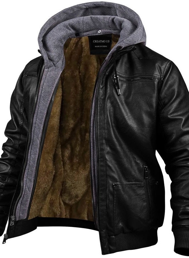 CREATMO US Men's Faux Leather Waterproof Windproof PU Moto Vintage Bomber Hoodie Jacket with Removable Hood, [Black Velvet Lined, - Image 1