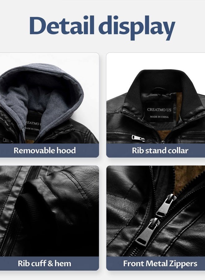 CREATMO US Men's Faux Leather Waterproof Windproof PU Moto Vintage Bomber Hoodie Jacket with Removable Hood, [Black Velvet Lined, - Image 5
