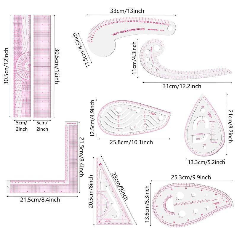 LINXIAO Fashion Clear Metric Sewing Ruler Set,French Curve Pattern Rulers for Beginners, Tailors, Designers, Quilting, Embroidery, Cross Stitch, Crochet, Knitting 9pcs - Image 2