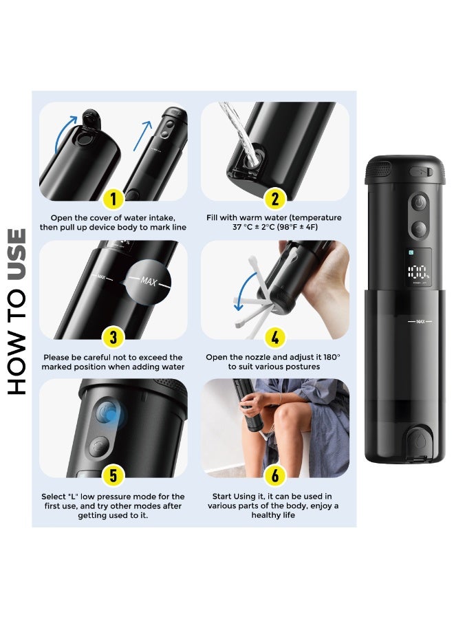 BSON Travel Buddy Pro Portable Bidet - 180° Adjustable Nozzle, 5 Water Flow Modes, 8 Nozzles, 250ml Water Tank, Rechargeable Battery, Type-C Charging, IP67 Waterproof, LED Digital Display for Travel - Image 3