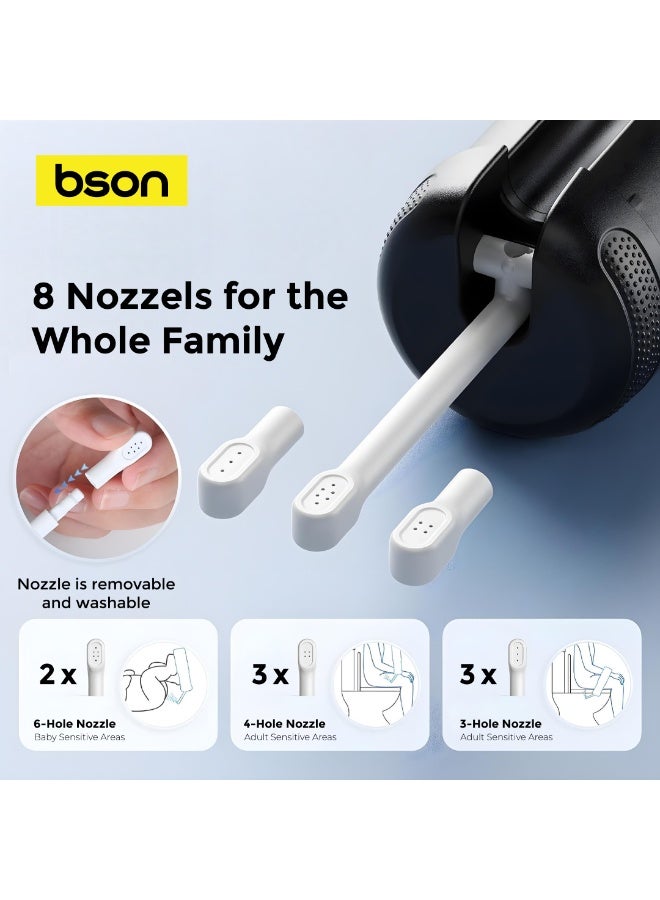BSON Travel Buddy Pro Portable Bidet - 180° Adjustable Nozzle, 5 Water Flow Modes, 8 Nozzles, 250ml Water Tank, Rechargeable Battery, Type-C Charging, IP67 Waterproof, LED Digital Display for Travel - Image 2