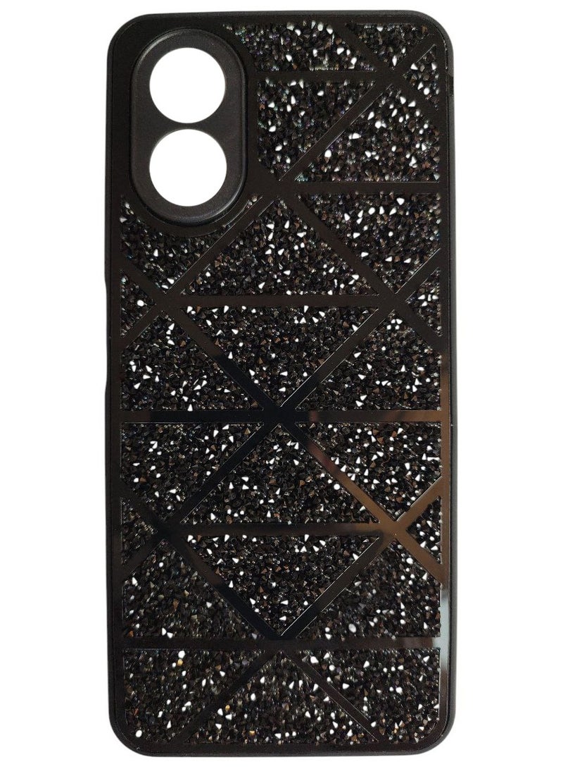 Women's Rhinestone Embroidered Holographic Phone Case with Soiree Stones Compatible with Oppo A38 - Black