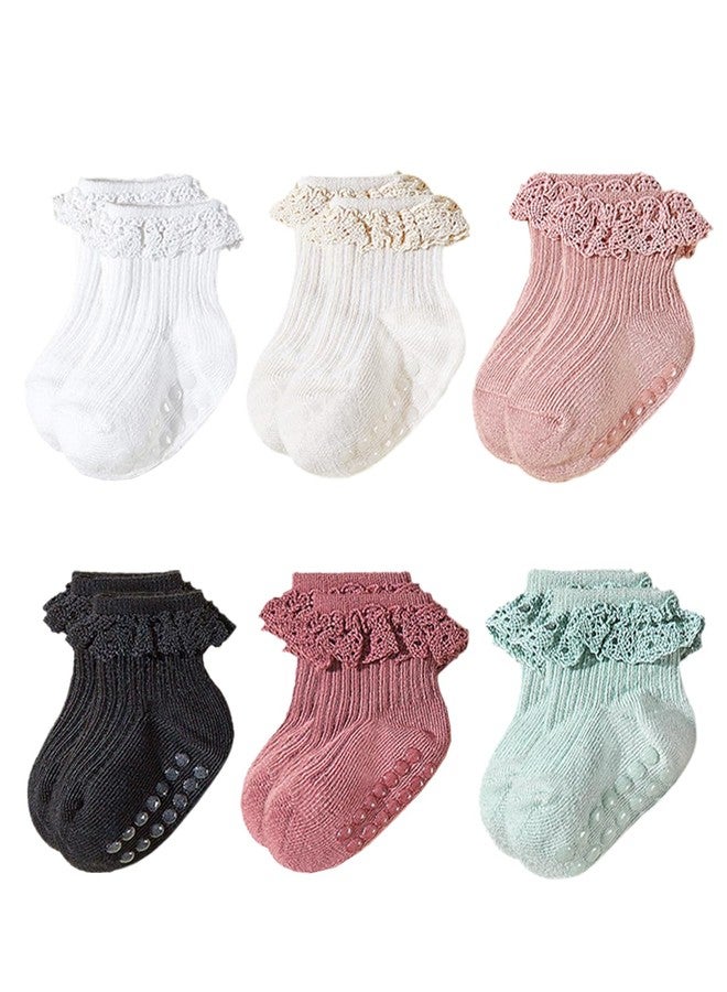 Looching 6 Pack Baby Toddler Girls Anti Slip Socks Ruffle Frilly Non Skid with Grips Cute Ankle Lace Socks for Infant Kids - Image 1