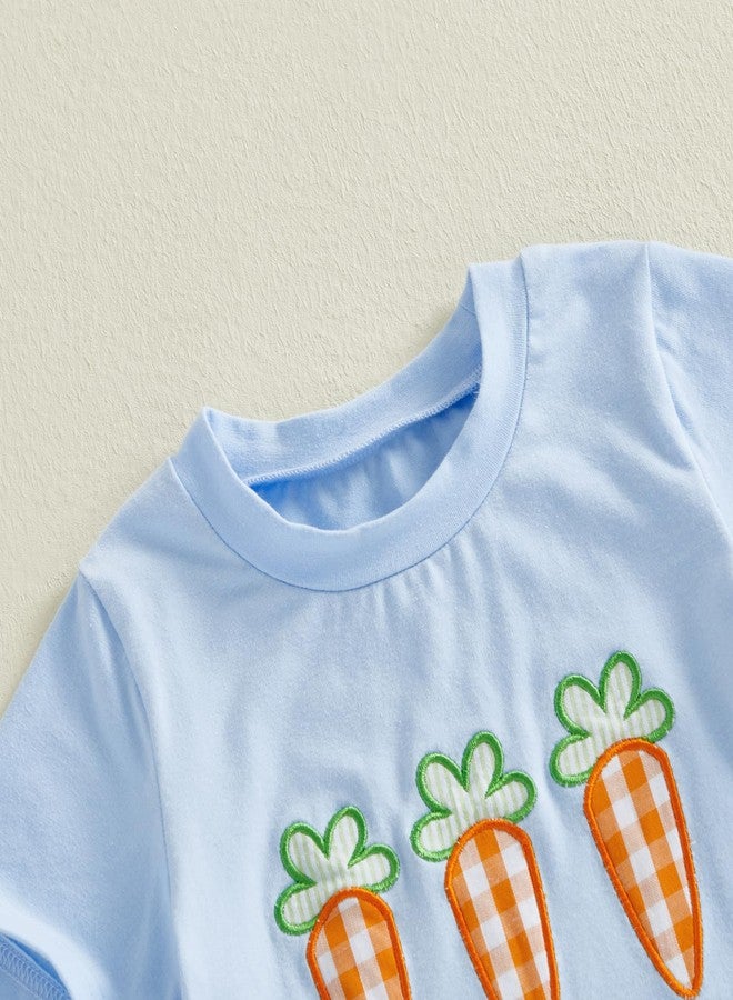 Thilsidee Toddler Baby Boy Girl Easter Outfits Short Sleeve Embroidery Rabbit Carrot T-shirt Plaid Shorts Summer Clothes Set (G-Sky blue, 2-3T) - Image 4