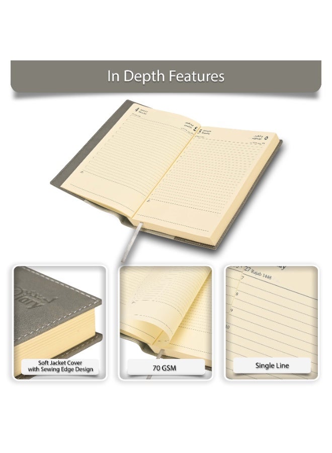 FIS 2027 A5 Diary, 148x210mm, Soft Jacket Italian PU Cover with Sewing, 1 Day Page Format, 384 Pages, Arabic/English, 70gsm Italian Ivory Paper, Grey Cover - FSDI17AE27GY - Image 5