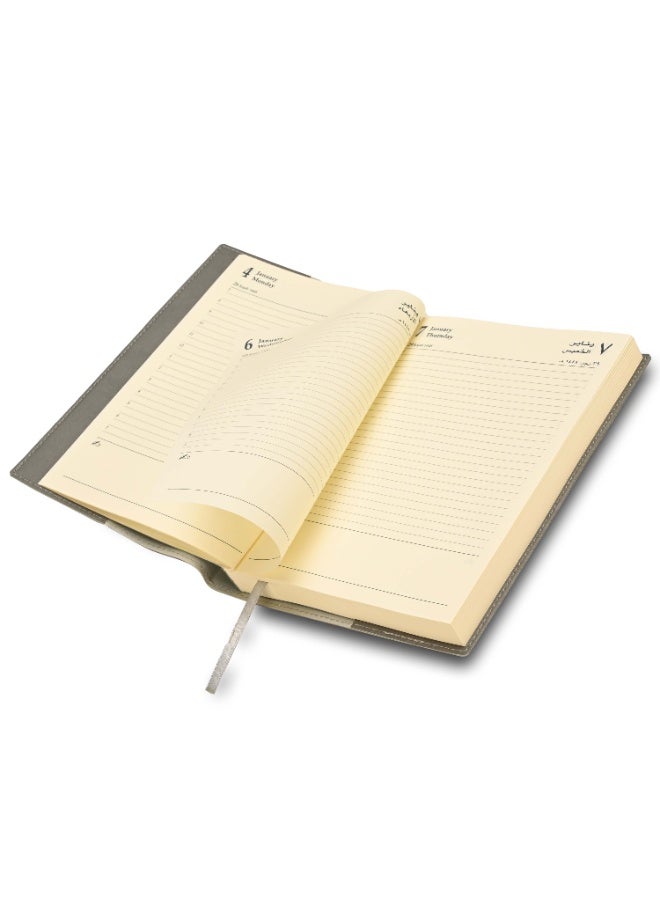 FIS 2027 A5 Diary, 148x210mm, Soft Jacket Italian PU Cover with Sewing, 1 Day Page Format, 384 Pages, Arabic/English, 70gsm Italian Ivory Paper, Grey Cover - FSDI17AE27GY - Image 2