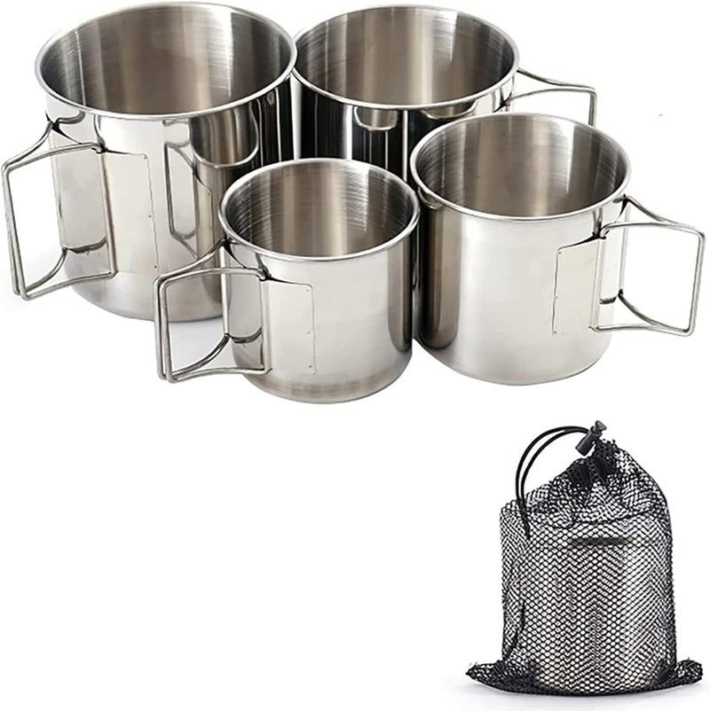 CLUEMART Camping Cup,4pc Stainless Steel Camping Campfire Mug with Handle, Portable Cups with Folding Handle & Mesh Bag for Touring Trips Outdoor Camping Campfire (4pc) - Image 3