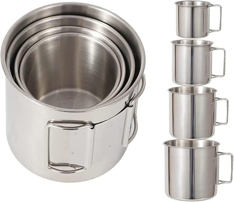 CLUEMART Camping Cup,4pc Stainless Steel Camping Campfire Mug with Handle, Portable Cups with Folding Handle & Mesh Bag for Touring Trips Outdoor Camping Campfire (4pc) - Image 1