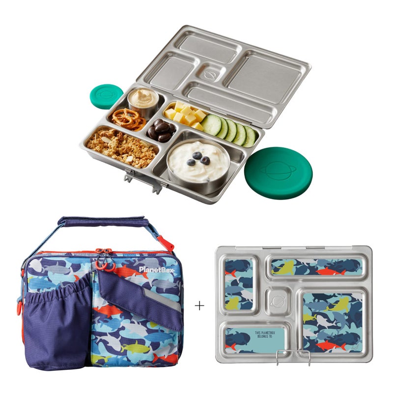 PlanetBox Rover Stainless Steel Bento Lunch Box with 5 Compartments, Sharks Carry Bag and Magnets - Image 1
