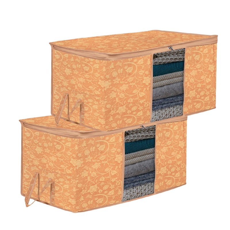 Kuber Industries Underbed Storage Bag Clothes Storage Bag Blanket Cover with Clear Window Zipper Closure Handle Cloth Organizer New FlowerDesign Large Pack of 2 Brown - Image 1