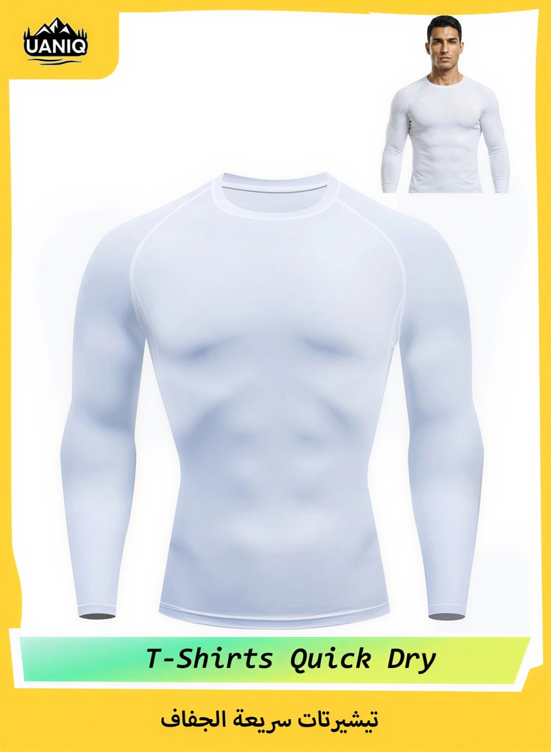UANIQ Long Sleeve Sports T-Shirt for Men Quick-Dry Cooling White Shirt for Thobe Undershirt and Gym Breathable Plus Size XL-3XL Base Layer for Outdoor Daily Wear and Kashta (White) - Image 1