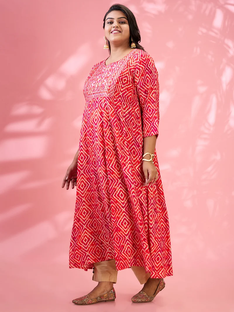globus Gloplus Women Red Round Embroidered Yoke Geometric Print Flared Hem Plus Size A-Line Kurta