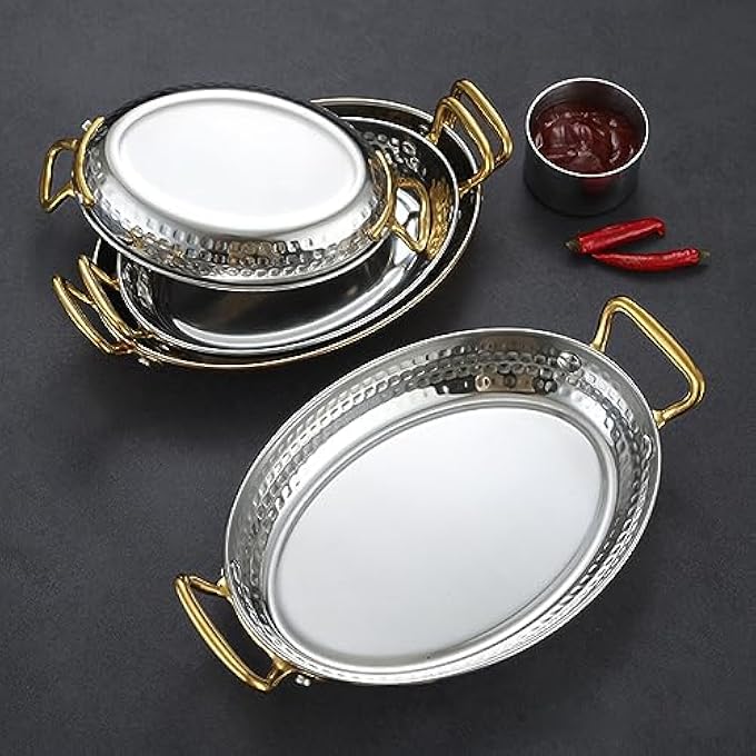 rayihni 304 Stainless Steel Oval Spanish Paella Pan Hand Hammered Seafood Paella Pot Non Stick Paella Dish Cookware With Dual Handle For Homes Or RestaurantsRose Gold 16Cm - Image 5