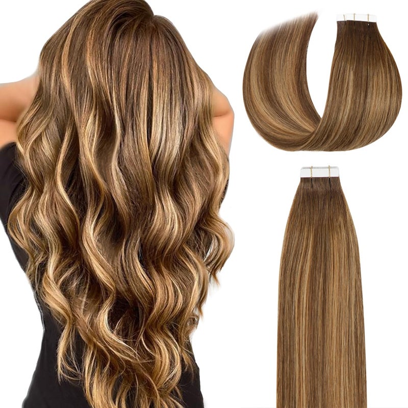 Lacer Tape in Hair Extensions Human Hair Straight Chocolate Brown to Strawberry Blonde Highlights with Chocolate Brown Roots Hair Extensions Tape in R4427 20 Inches
