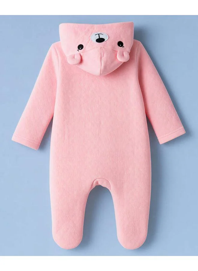 Babyhug Babyhug Knit Full Sleeves  Hooded Winter Wear Romper with Teddy Bear Patch & Ear Applique - Pink