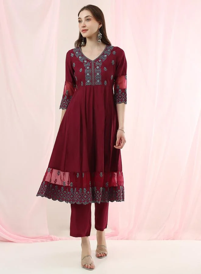 Globus Magenta Embroidered Anarkali Kurta and Straight Pants Set