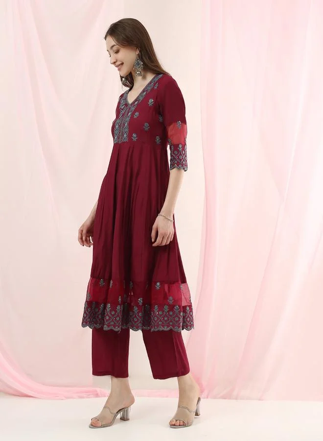 Globus Magenta Embroidered Anarkali Kurta and Straight Pants Set