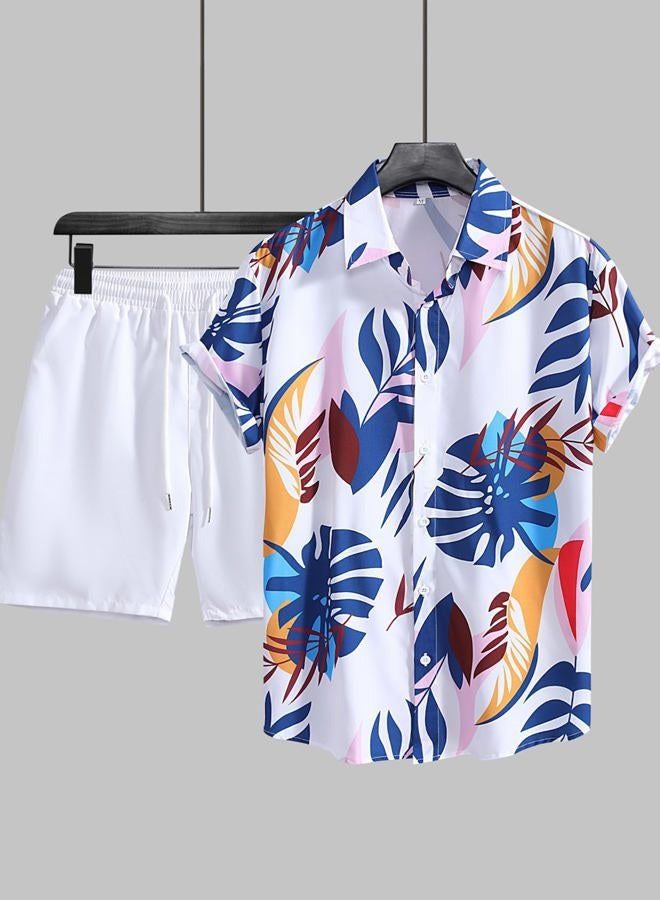 Yimoon Men's Summer 2 Piece Outfits Tropical Print Short Sleeve Button Down Hawaiian Beach Shirt and Shorts Set(02White-M) - Image 3