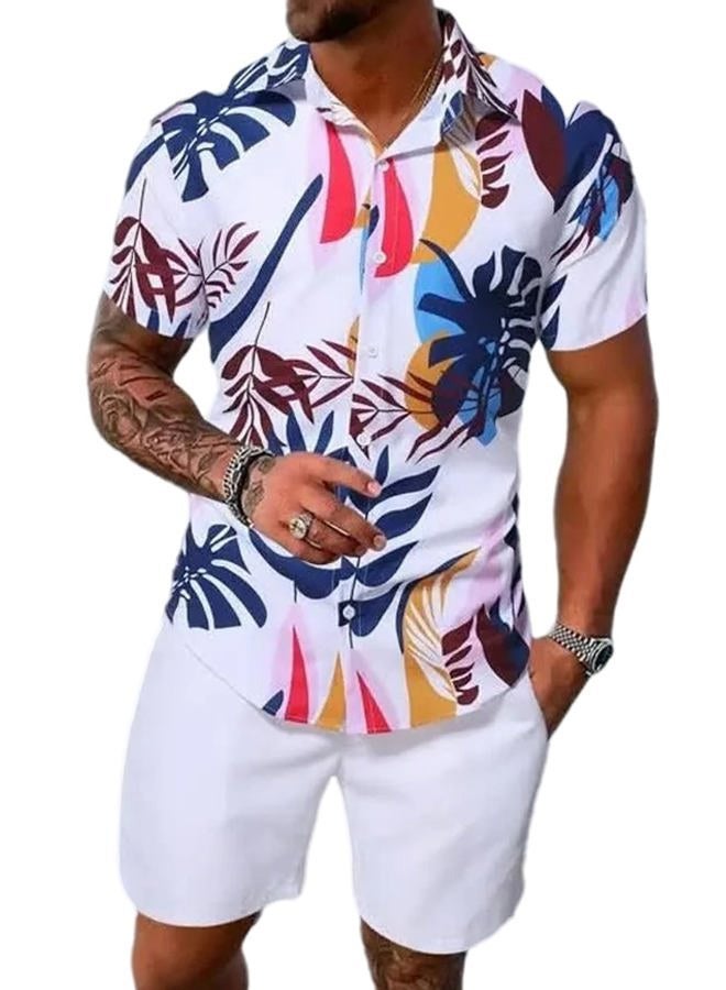 Yimoon Men's Summer 2 Piece Outfits Tropical Print Short Sleeve Button Down Hawaiian Beach Shirt and Shorts Set(02White-M) - Image 1