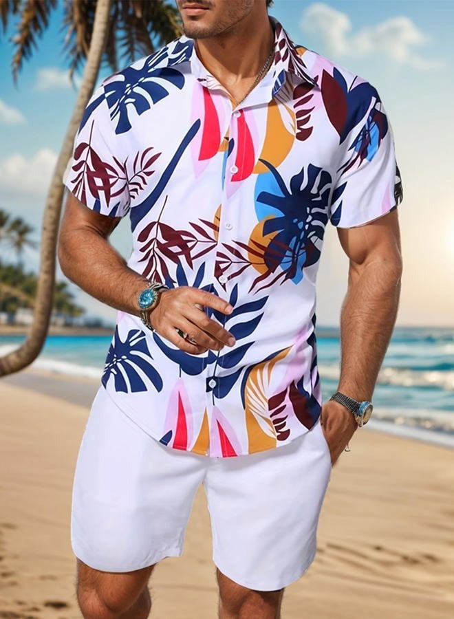 Yimoon Men's Summer 2 Piece Outfits Tropical Print Short Sleeve Button Down Hawaiian Beach Shirt and Shorts Set(02White-M) - Image 2