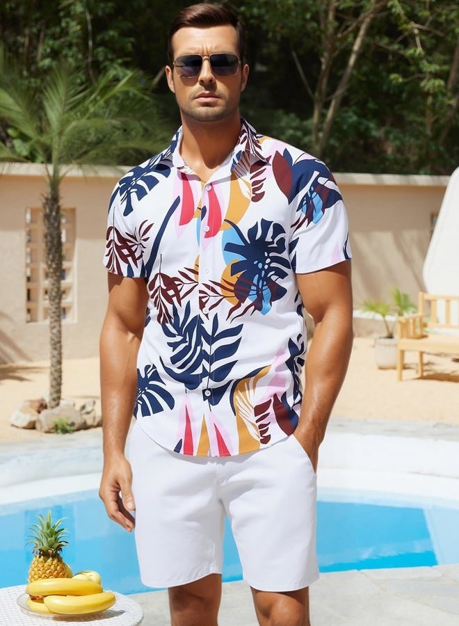 Yimoon Men's Summer 2 Piece Outfits Tropical Print Short Sleeve Button Down Hawaiian Beach Shirt and Shorts Set(02White-M) - Image 4