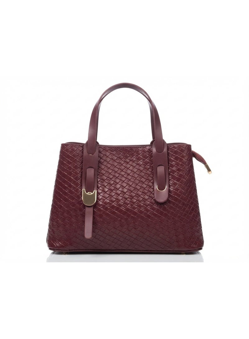 Women's Burgundy Woven-Texture Embossed Synthetic Leather Top Handle Handbag with Shoulder Strap - Image 1