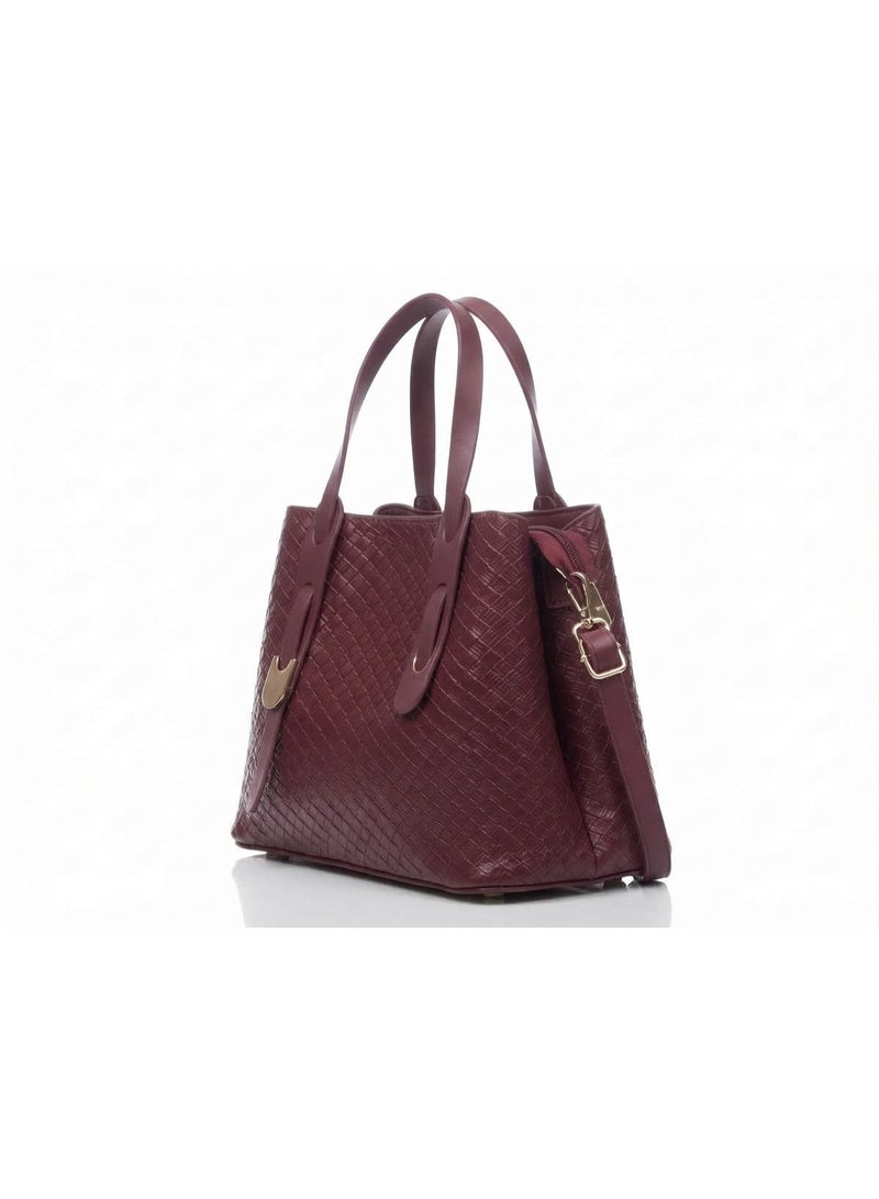 Women's Burgundy Woven-Texture Embossed Synthetic Leather Top Handle Handbag with Shoulder Strap - Image 3