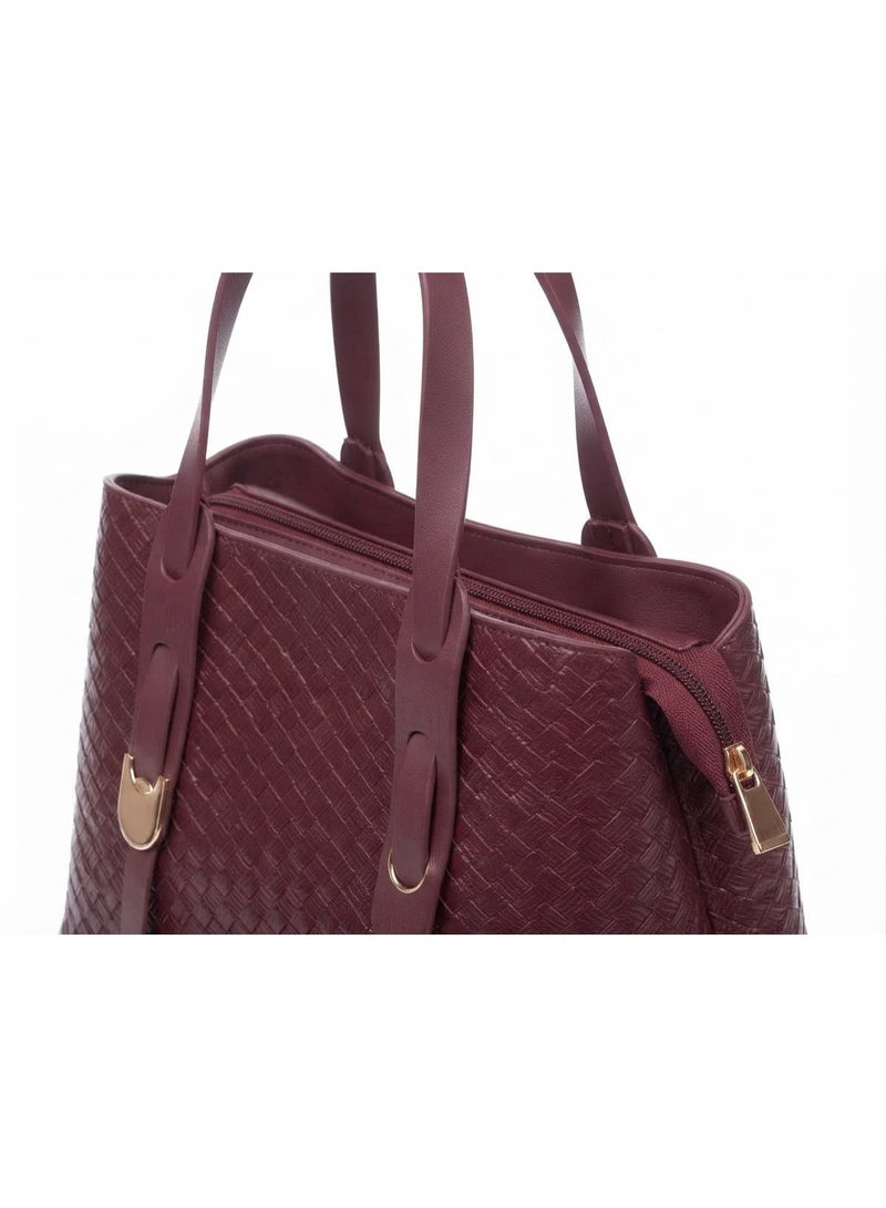 Women's Burgundy Woven-Texture Embossed Synthetic Leather Top Handle Handbag with Shoulder Strap - Image 2