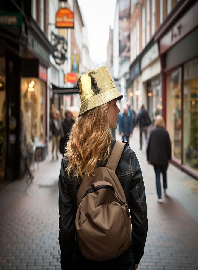 Joylife Metallic Bucket Hat Trendy Fisherman Hats Unisex Reversible Packable Sun Cap, PU Leather Gold - Image 2