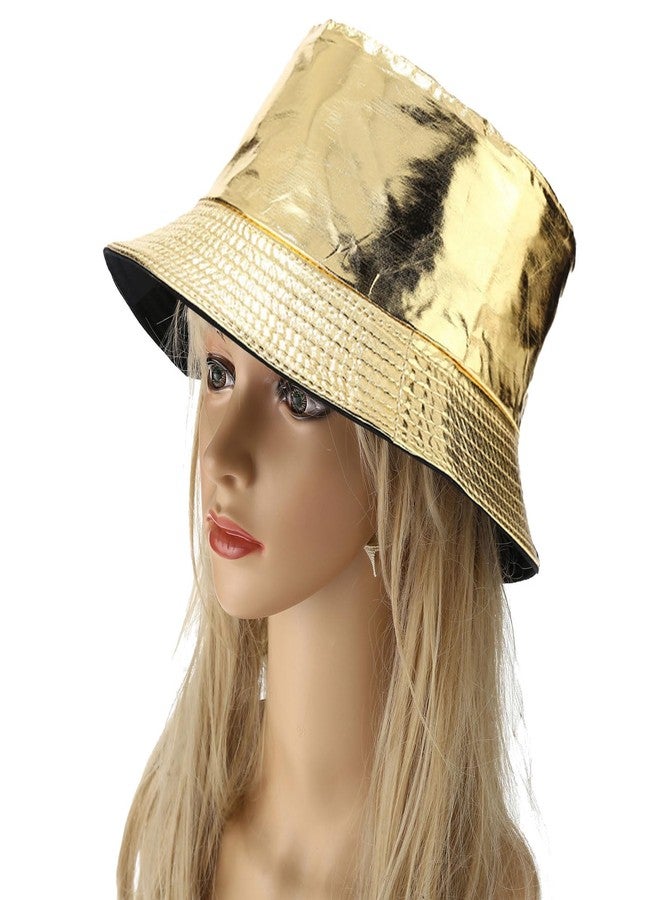 Joylife Metallic Bucket Hat Trendy Fisherman Hats Unisex Reversible Packable Sun Cap, PU Leather Gold - Image 3
