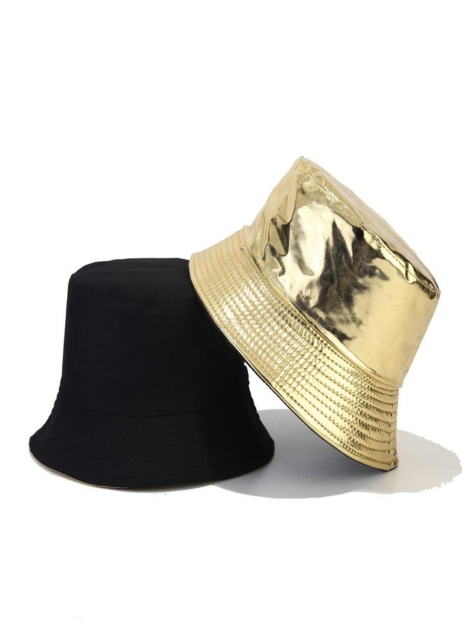 Joylife Metallic Bucket Hat Trendy Fisherman Hats Unisex Reversible Packable Sun Cap, PU Leather Gold - Image 4