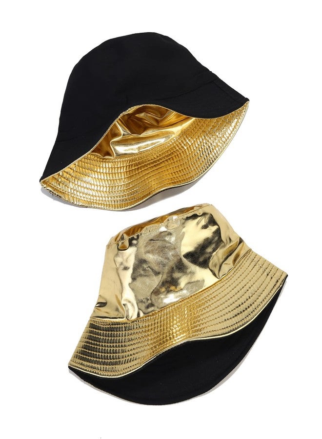 Joylife Metallic Bucket Hat Trendy Fisherman Hats Unisex Reversible Packable Sun Cap, PU Leather Gold - Image 5