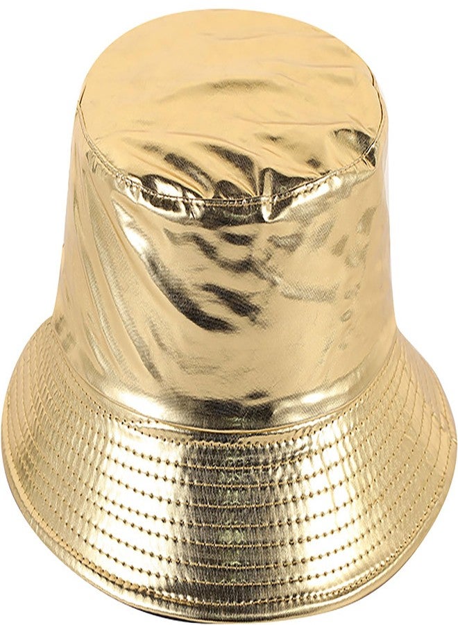 Joylife Metallic Bucket Hat Trendy Fisherman Hats Unisex Reversible Packable Sun Cap, PU Leather Gold - Image 1