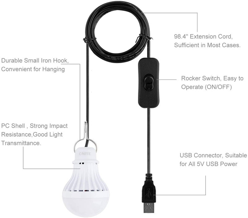 Onite USB LED Light Bulb, fits Most Portable Power Station & Solar Panel, Outdoor Lantern with Hook & 8.4ft Cord, Camping/Hiking/Power Outages Essential Gear, Van/Tent/Garage Use, 5W Warm White - Image 4