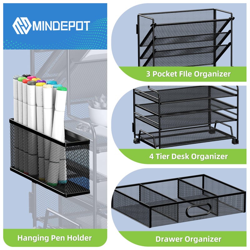 MINDEPOT 4-Tier Paper Organizer + 3-Pocket File Holder + Drawer + Pen Holders, Desktop File Organizers Paper Tray for Office Accessories School Classroom Organization (Black) - Image 3