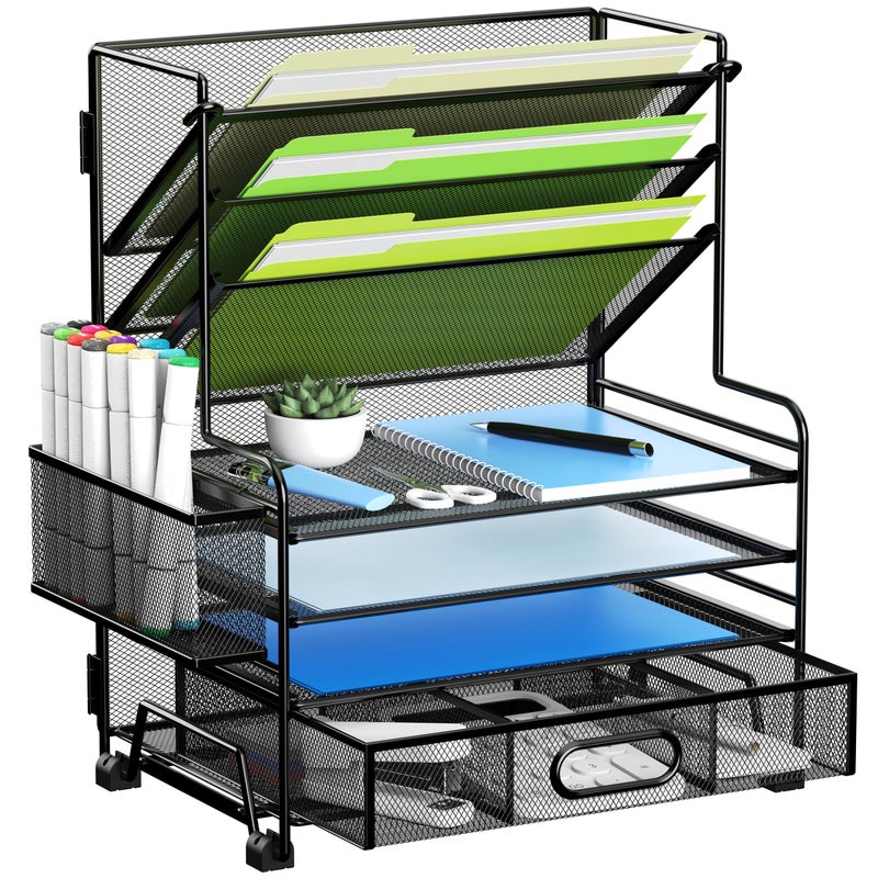 MINDEPOT 4-Tier Paper Organizer + 3-Pocket File Holder + Drawer + Pen Holders, Desktop File Organizers Paper Tray for Office Accessories School Classroom Organization (Black) - Image 1