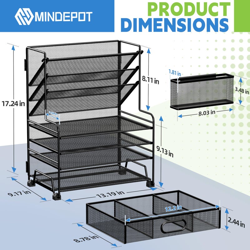 MINDEPOT 4-Tier Paper Organizer + 3-Pocket File Holder + Drawer + Pen Holders, Desktop File Organizers Paper Tray for Office Accessories School Classroom Organization (Black) - Image 2