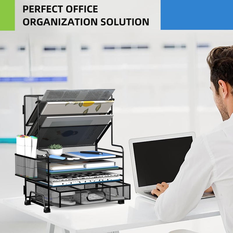 MINDEPOT 4-Tier Paper Organizer + 3-Pocket File Holder + Drawer + Pen Holders, Desktop File Organizers Paper Tray for Office Accessories School Classroom Organization (Black) - Image 5