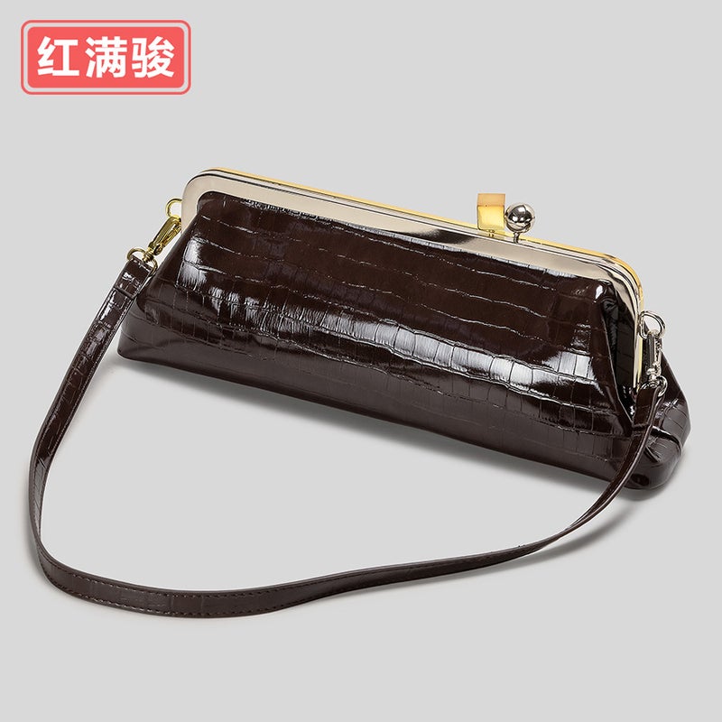 Women's PU Leather Clutch Baguette Bag with Metal Clasp, Stone & Patent Textures for Evening Parties - Image 3