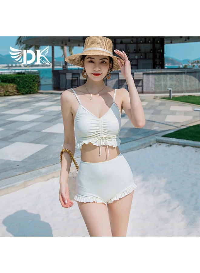 Dk Women's Swimsuit, Tummy Control, Slimming, Korean Style, Hot Spring Swimwear Two-piece Set, Fairy-like, Off-white, L - Image 3