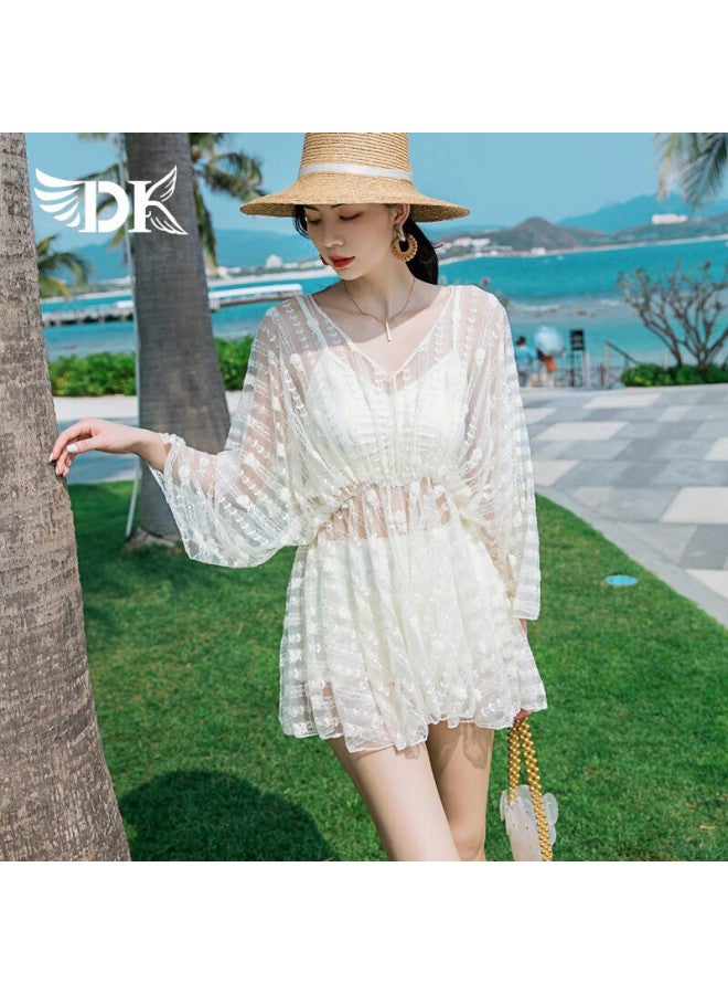 Dk Women's Swimsuit, Tummy Control, Slimming, Korean Style, Hot Spring Swimwear Two-piece Set, Fairy-like, Off-white, L - Image 1