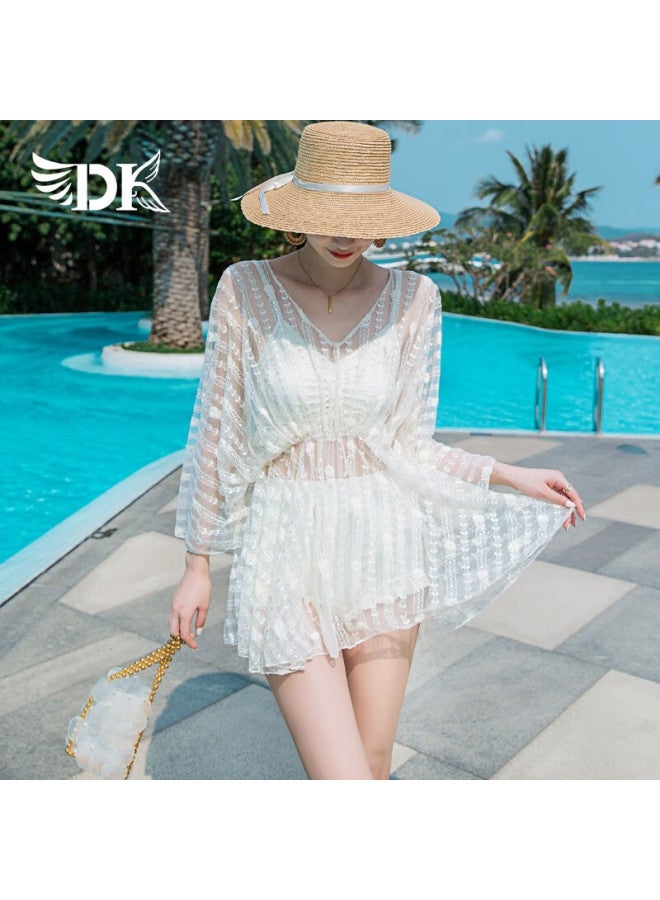 Dk Women's Swimsuit, Tummy Control, Slimming, Korean Style, Hot Spring Swimwear Two-piece Set, Fairy-like, Off-white, L - Image 2
