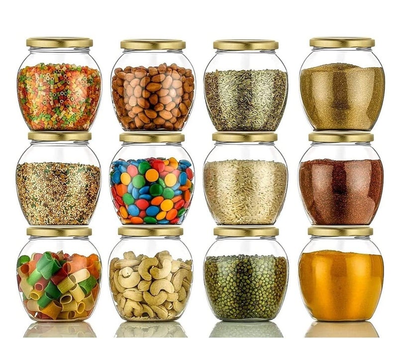 CROCO JAR Airtight Matka Glass Jar Set of 12 | 400 ml Leak-Proof Transparent Containers with Golden Lids | For Store Spices, Pickle, Dry Fruits & Kitchen Essentials - Image 1