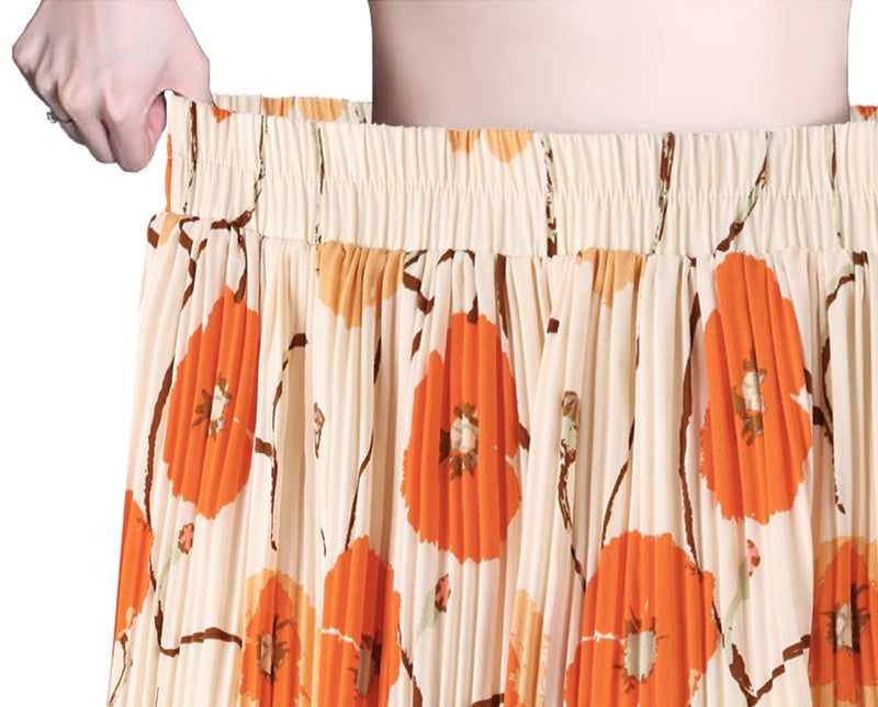 Basoteeuo Pleated Skirts for Women Chiffon Midi Long Length Trendy Summer High Waisted A Line Ladies Skirt Floral BZ03 L - Image 5