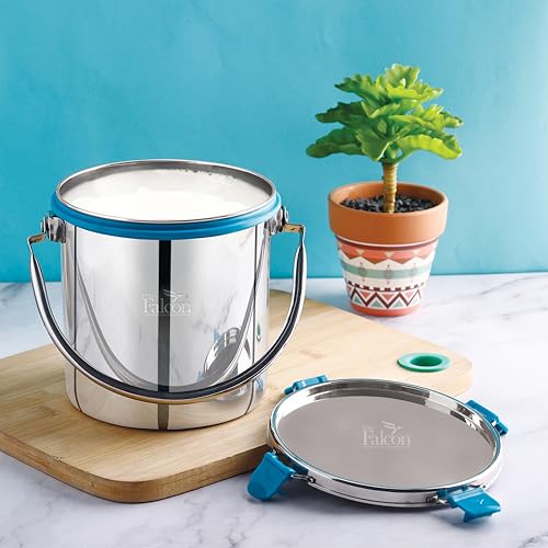 PDDFALCON Stainless Steel Akhand - Jointless Milk Can/Oil Can/Milk Barni/Oil Pot with Lid,100% LeakProof BIS Certified, Jindal Seal & Made In India Silver (Barni 2200ml, Sea Green) - Image 1